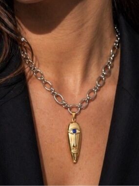 Abstract Face Pendant Necklace with Silver Chain - Women Jewelry